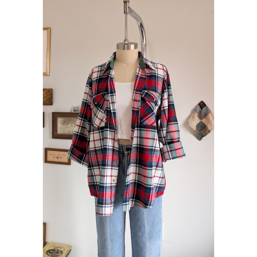 Vintage Flannel Plaid Cotton Unisex Button Down Shirt - Picture 3 of 16